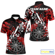 Load image into Gallery viewer, Black white red grunge men's darts polo shirt, smoke dartboard dart jersey, custom darts team uniform, personalized dart apparel, tournament darts clothing