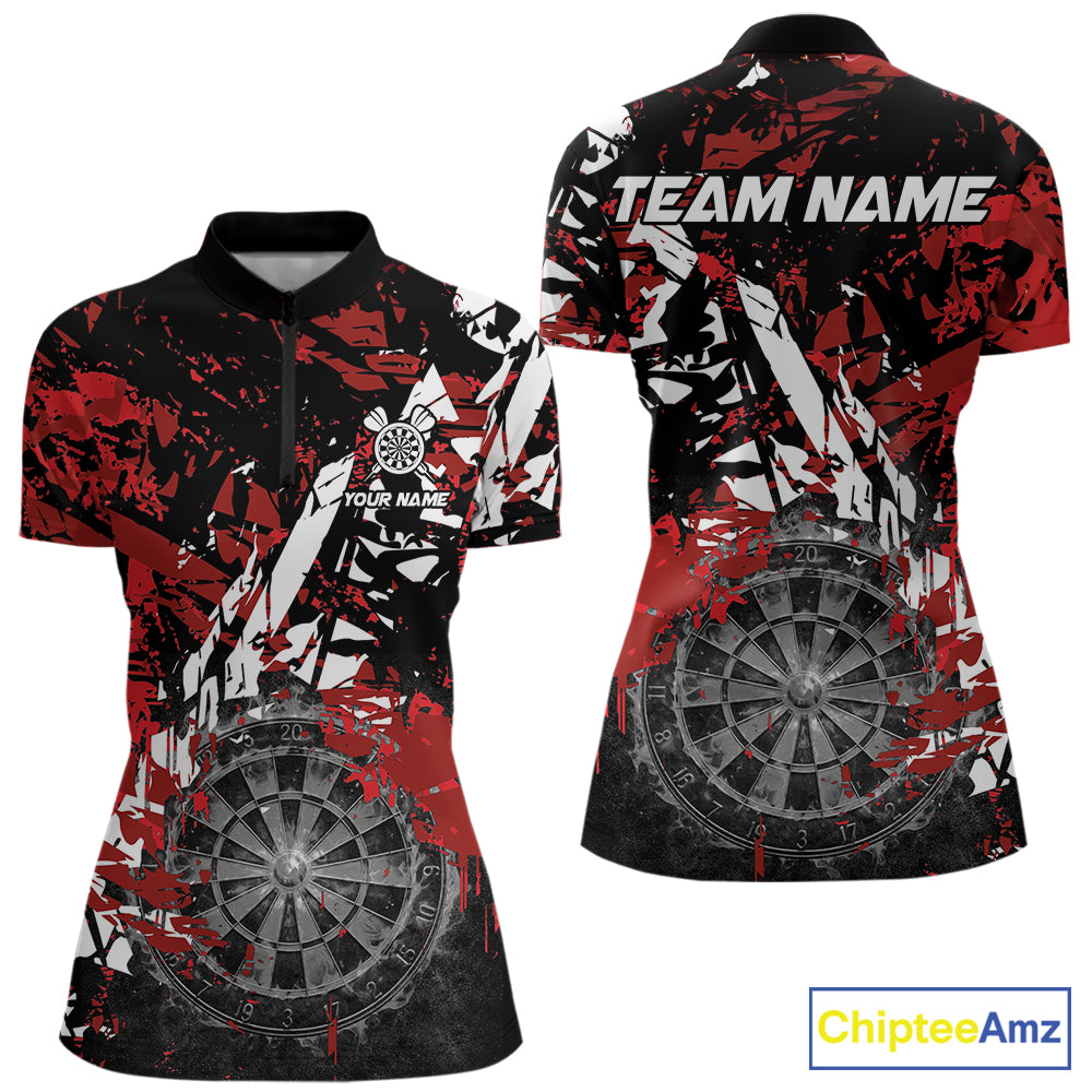 Black white red grunge women's quarter-zip darts shirt, smoke dartboard team jersey, custom dart league uniform, professional darts apparel