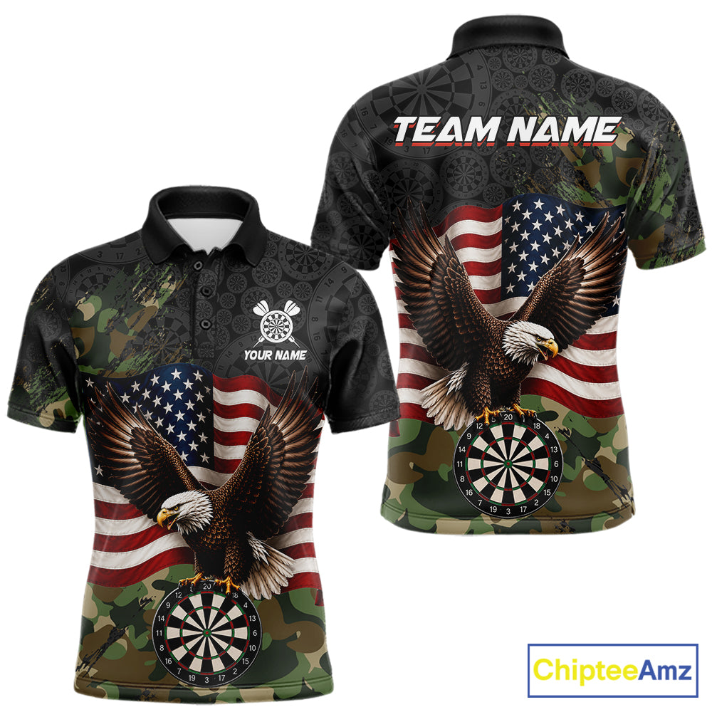 Custom Green Camouflage Eagle American Flag Men's Darts Polo Shirt, Personalized Tactical Team Jersey, Patriot Dart League Apparel, Military Inspired Performance Shirt, Freedom, Courage & Competitive Spirit