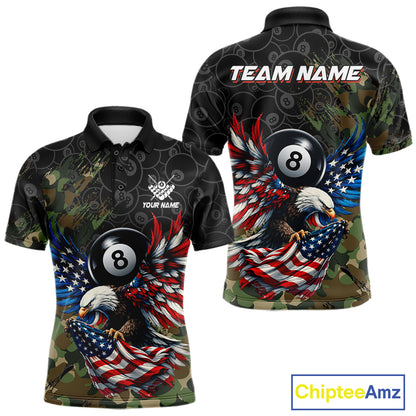 Custom Green Camouflage Eagle American Flag Men's Billiard Polo Shirt, Personalized Tactical Billiard Team Jersey, Performance Cue Sports Apparel, Patriot League Uniform