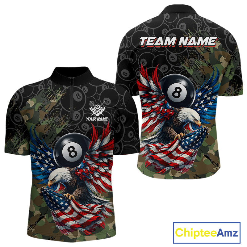 Green Camouflage Eagle Men's Quarter-Zip Billiard Shirt, Personalized Tactical Pool League Jersey, Athletic Performance Apparel, Patriot Cue Sports Uniform