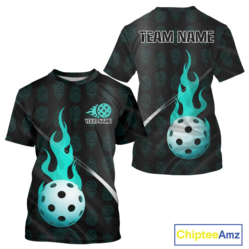 Turquoise Custom Pickleball T-Shirt For Men Personalized Flame Pickleball Team Outfit NYN1194
