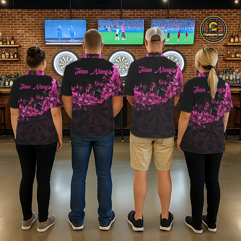 Black And Pink Flowers Smoke Butterflies Custom Women Darts Polo Shirts Dart Team Jerseys NYN2261