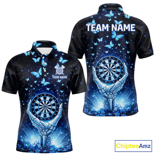 Blue Light Butterflies Skull Dartboard Custom Men Darts Polo Shirts Dart League Jerseys NYN2263