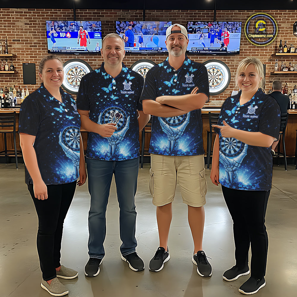 Blue Light Butterflies Skull Dartboard Custom Women Darts Polo Shirts Dart League Jerseys NYN2263