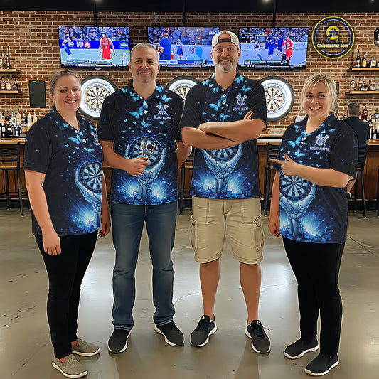 Blue Light Butterflies Skull Dartboard Custom Men Darts Quarter-Zip Shirts Dart League Jerseys NYN2263