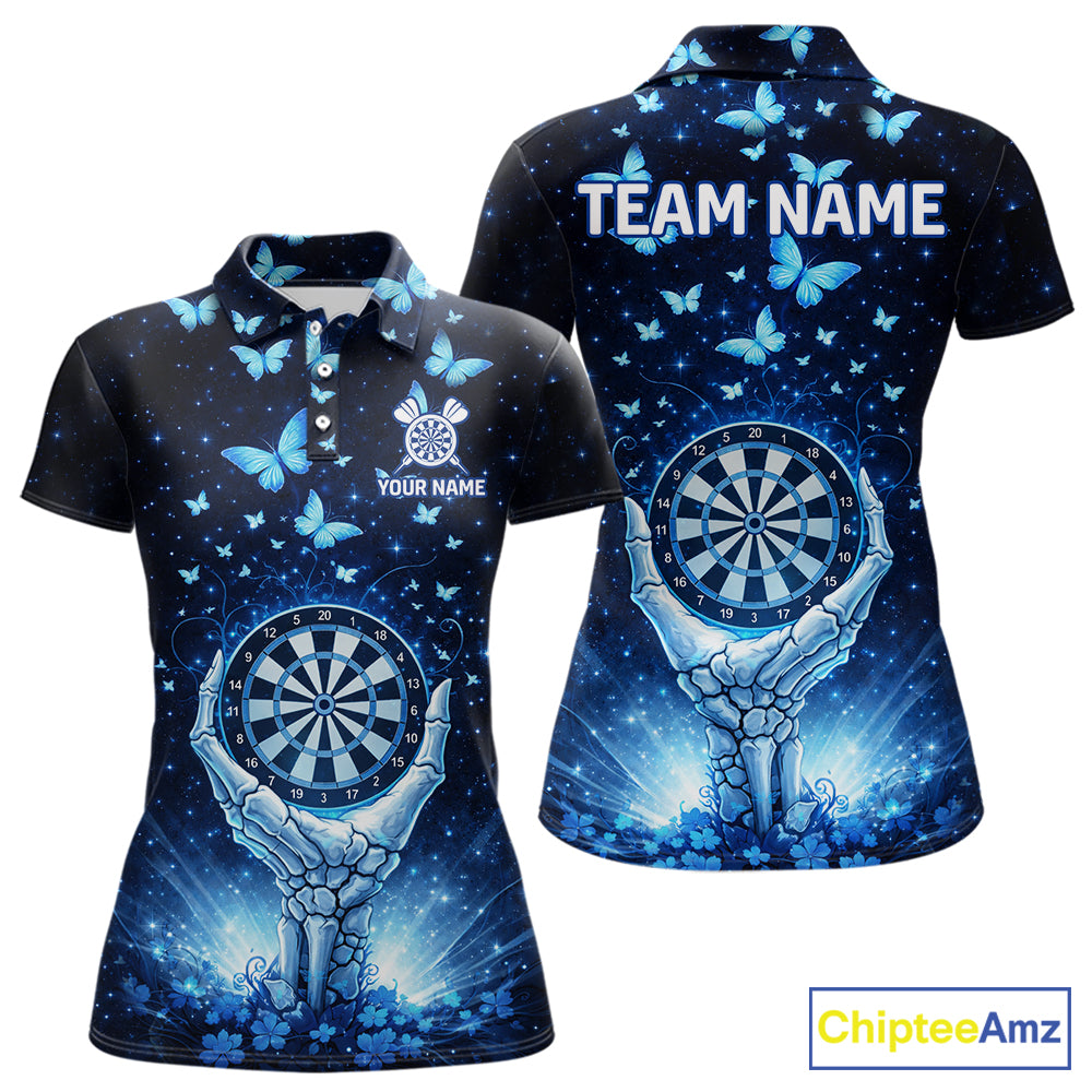 Blue Light Butterflies Skull Dartboard Custom Women Darts Polo Shirts Dart League Jerseys NYN2263