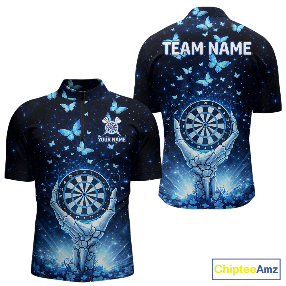 Blue Light Butterflies Skull Dartboard Custom Men Darts Quarter-Zip Shirts Dart League Jerseys NYN2263