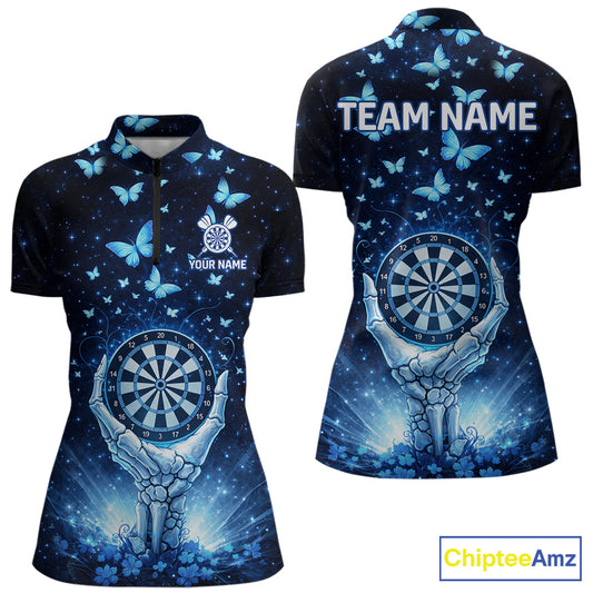Blue Light Butterflies Skull Dartboard Custom Women Darts Quarter-Zip Shirts Dart League Jerseys NYN2263