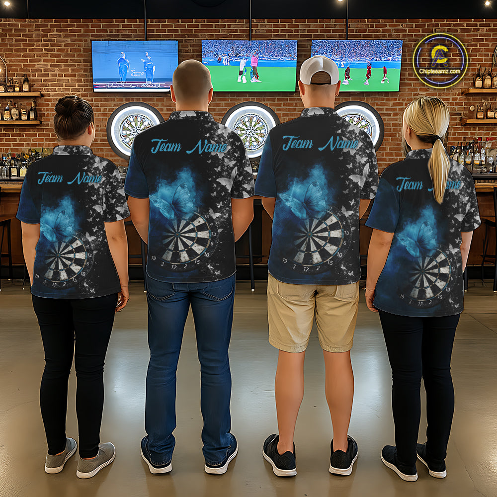 Custom Silver Butterfly Blue Smoking Grunge Dartboard Women Darts Polo Shirts Dart Jerseys NYN2266