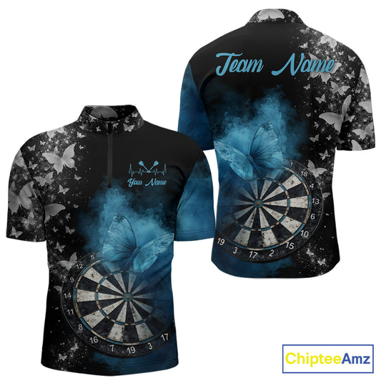 Custom Silver Butterfly Blue Smoking Grunge Dartboard Men Darts Quarter-Zip Shirts Dart Jerseys NYN2266