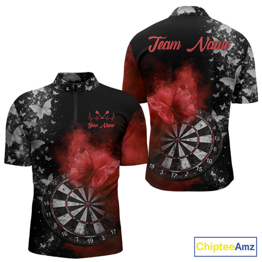 Custom Silver Butterfly Red Smoking Grunge Dartboard Men Darts Quarter-Zip Shirts Dart Jerseys NYN2267