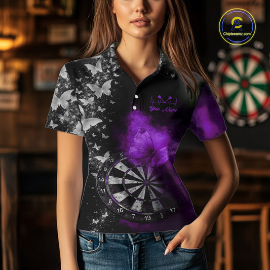 Custom Silver Butterfly Purple Smoking Grunge Dartboard Women Darts Polo Shirts Dart Jerseys NYN2268