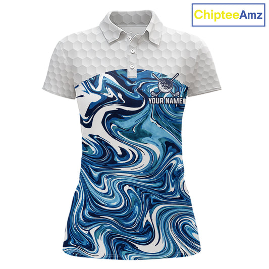 Women Golf Clothing Blue Fluid Pattern Golf Polo Shirt Custom White Golf Ball Golf Upf Shirts NYN2929