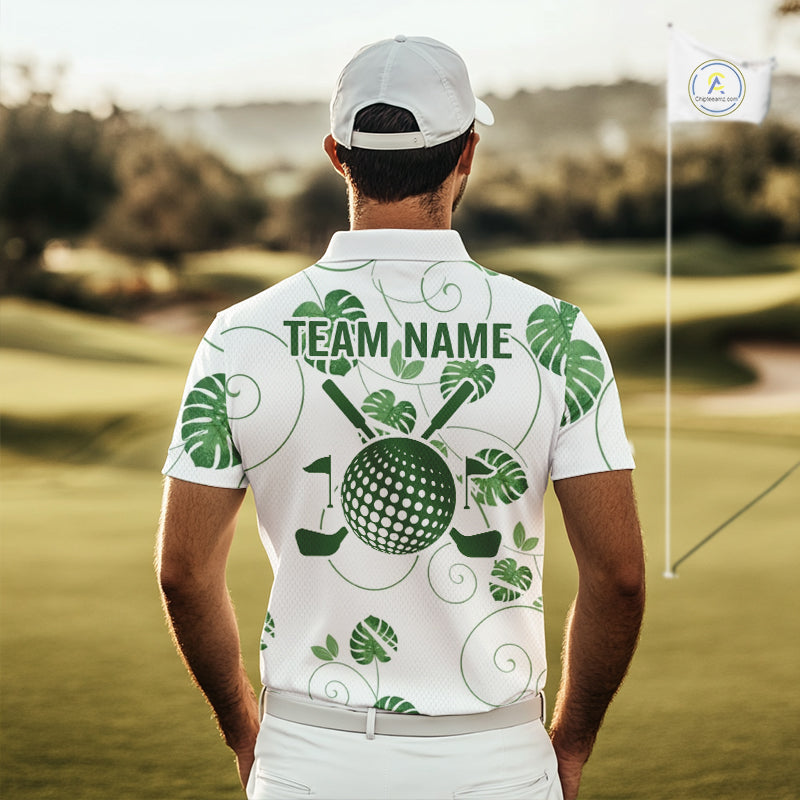 Mens Green Monstera Pattern Golf Clothing Custom Cactus Golfer Funny Mens Golf Polo Shirt NYN2931