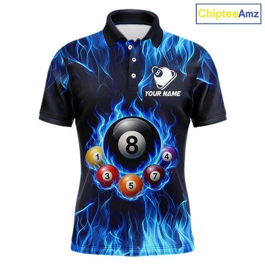 Fire Flame 8 Ball Billiard Shirt For Men Custom Blue Flames Pool Billiard Rack Team Shirt NYN3137