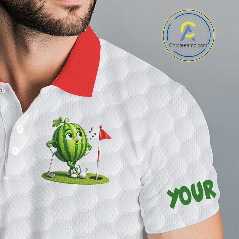 White polo shirt with a cartoon watermelon character and 'YOUR' text, brand logo visible.