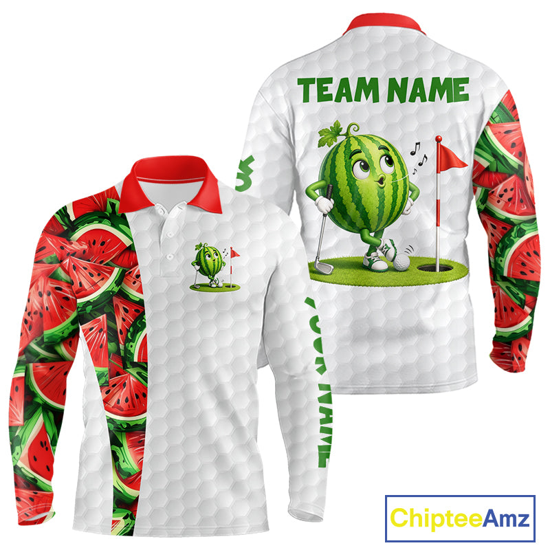 White shirt with watermelon-themed design and 'Team Name' text, featuring a cartoon watermelon character and golf elements.