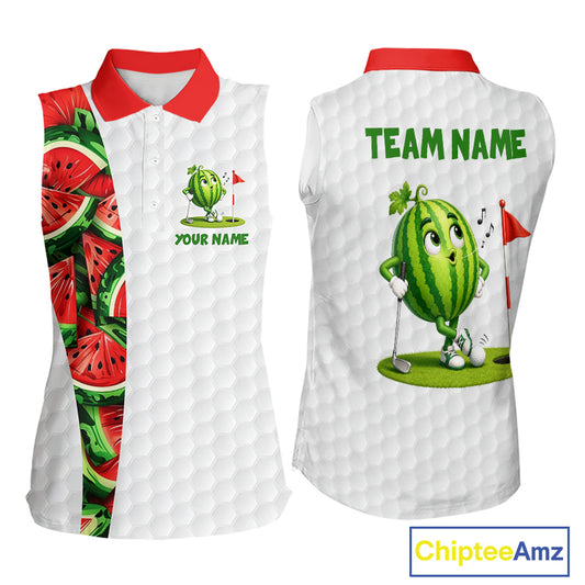 White sleeveless shirt with watermelon-themed graphics and 'Team Name' text, featuring a cartoon watermelon character and golfing accessories.
