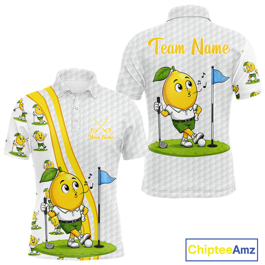 White polo shirt with lemon character design and 'Team Name' text on a white background