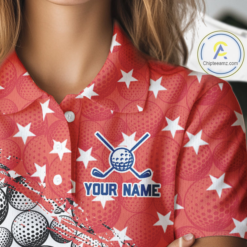 Red shirt with star pattern and golf-themed design, featuring a customizable name area.
