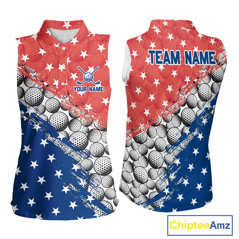 Sleeveless shirt with golf ball pattern and American flag design, personalized with 'Your Name' and 'Team Name