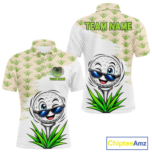 Two golf-themed polo shirts with cartoon golf balls and grass patterns, featuring customizable text on a white background