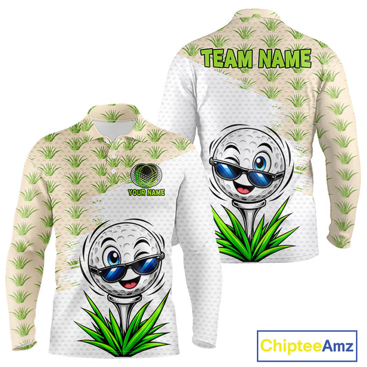 Golf-themed long-sleeve shirt with cartoon golf ball and grass pattern, customizable text