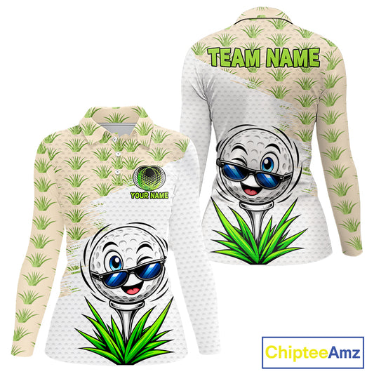 Long-sleeve shirt with golf ball design and customizable text on a white background