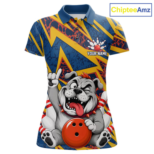 Funny Rock-On Bulldog Women's Bowling Polo Shirt, Personalized Bulldog Bowling Team Jersey, Dog Lover Bowling Apparel, League Performance Polo, Loyalty Theme