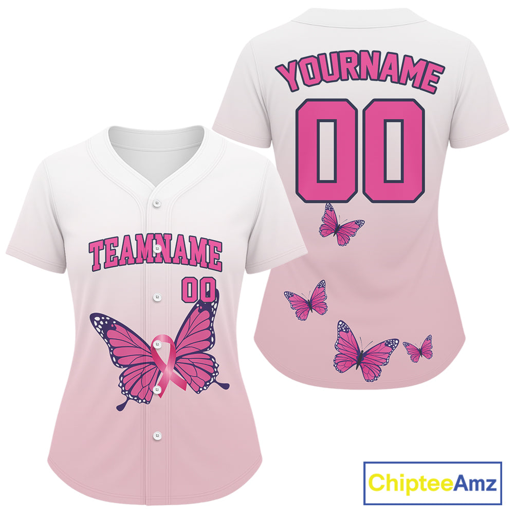 Custom Pink Ribbons Butterfly Pickleball T-Shirt Personalized Pickleball Outfits For Women NYN1209
