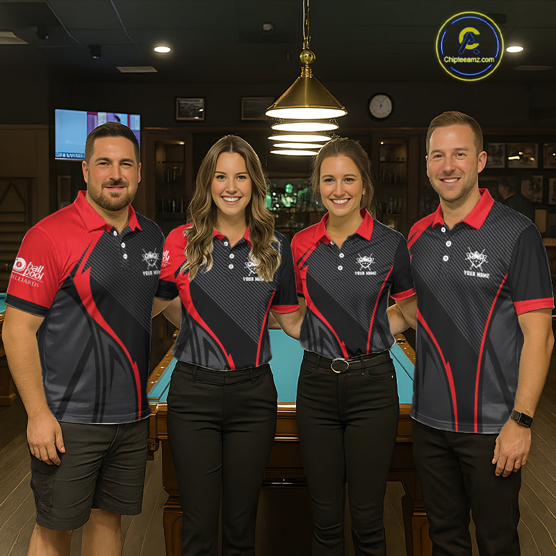Black And Red Human Play Pool 8 Ball Women's Billiard Shirt Custom Billiard Team League Attire NYN2556