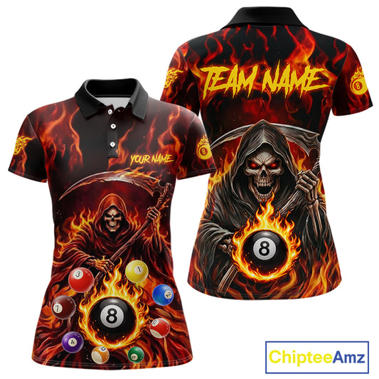 Grim Reaper 8 Ball Billiard Shirt For Women Custom Red Flames 8 Ball Pool Billiard Team Attire NYN3146