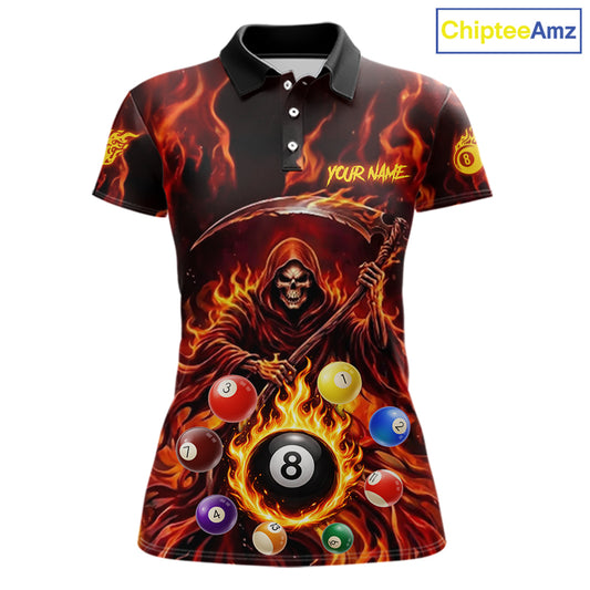 Grim Reaper 8 Ball Billiard Shirt For Women Custom Red Flames 8 Ball Pool Billiard Team Attire NYN3146