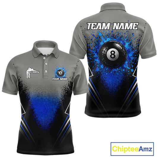 Personalized Grey And Blue Splatter 8 Ball Pool Billiard Shirt For Men Custom Billiard Team Jersey NYN3147