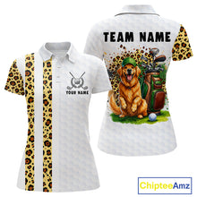 Load image into Gallery viewer, 	Golden retriever golf shirt with yellow leopard splatter funny golf polo for women