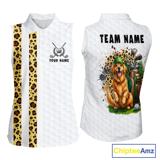 Golden retriever golf shirt with yellow leopard splatter funny golf polo for women