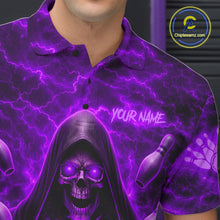 Load image into Gallery viewer, Male bowler wearing Purple Lightning Thunder Skull Reaper bowling jersey custom bowling league apparel