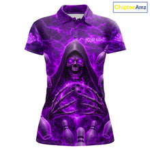 Load image into Gallery viewer, Lightning Thunder Skull Reaper Purple Bowling Polo Shirt For Women Custom Team Bowling League Jersey Personalized Skull Bowling Apparel