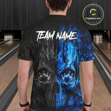 Load image into Gallery viewer, Male bowler wearing Blue And Black Camouflage Skull bowling jersey personalized bowling team uniform