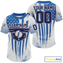 Load image into Gallery viewer, Custom Blue And White Patriotic Baseball Ball Shirt For Men US Flag Baseball Team Jerseys NYN1512