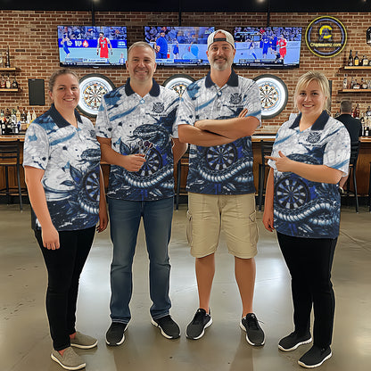 Custom White And Blue Splatter Cobra Dartboard Women Darts Polo Shirts Grunge Dart Jerseys NYN2269