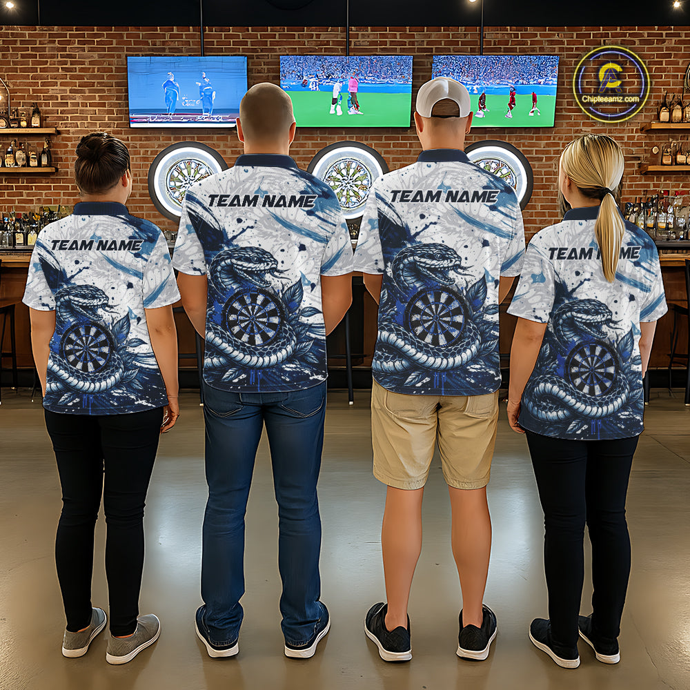 Custom White And Blue Splatter Cobra Dartboard Women Darts Polo Shirts Grunge Dart Jerseys NYN2269