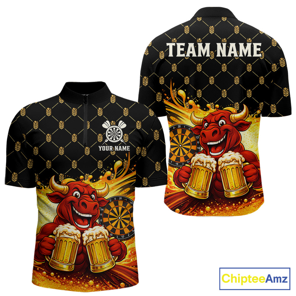 Bull & Cheer Beers Dartboard Custom Funny Darts Quarter-Zip Shirts Men Dart Team Jerseys | Black NYN2272