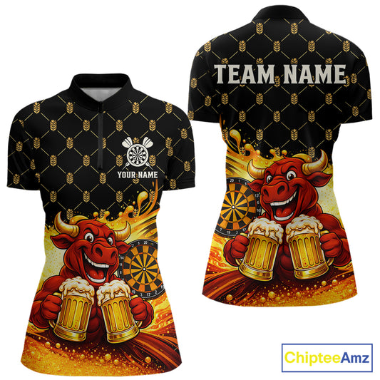 Bull & Cheer Beers Dartboard Custom Funny Darts Quarter-Zip Shirts Women Dart Team Jerseys | Black NYN2272