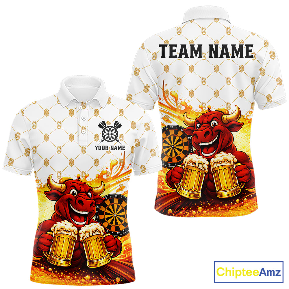 Bull & Cheer Beers Dartboard Custom Funny Darts Polo Shirts Men Dart Team Jerseys | White NYN2273