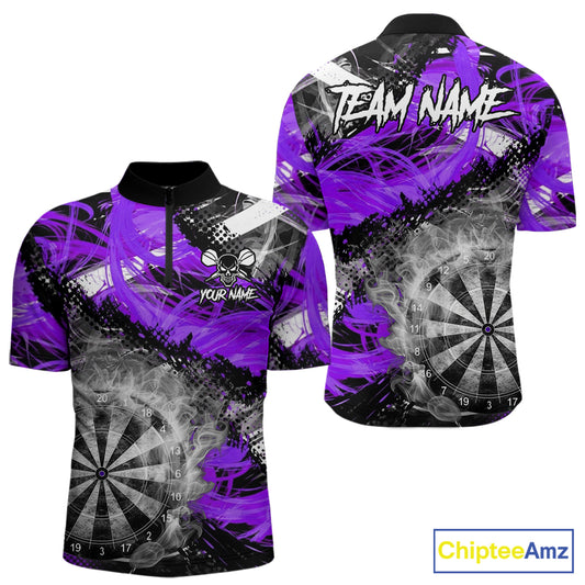 Purple & Grey Smokes Dartboard Custom Men Darts Quarter-Zip Shirts Grunge Dart League Jerseys NYN2278