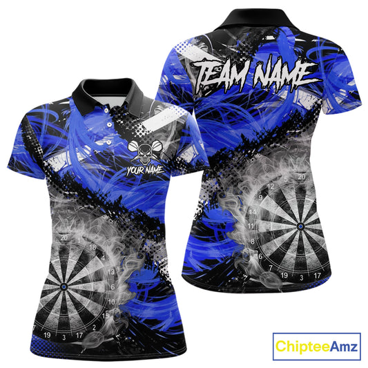Blue & Grey Smokes Dartboard Custom Women Darts Polo Shirts Grunge Dart League Jerseys NYN2280