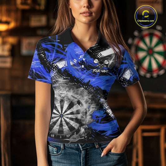 Blue & Grey Smokes Dartboard Custom Women Darts Polo Shirts Grunge Dart League Jerseys NYN2280
