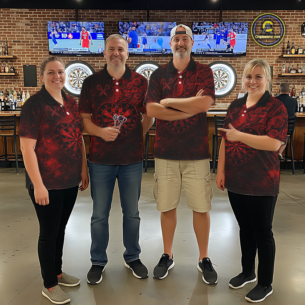 Red Grunge Roses Heart Dartboard Women Darts Valentine Shirt Custom Dart Polo Couple Gifts NYN2573